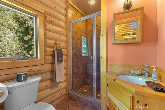 25148 Scenic View Dr, Crestline, CA 92325 - full bathroom with log walls, plenty of natural light, vanity, and a stall shower