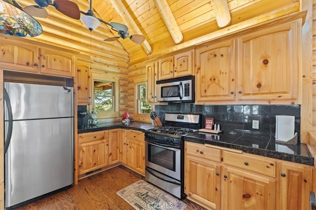 25148 Scenic View Dr, Crestline, CA 92325 - kitchen featuring appliances with stainless steel finishes, rustic walls, wooden ceiling, tile countertops, and dark wood-style floors