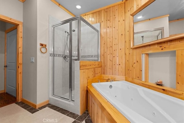25148 Scenic View Dr, Crestline, CA 92325 - full bath featuring a shower stall, a jetted tub, wood walls, and recessed lighting