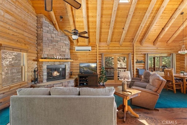 25148 Scenic View Dr, Crestline, CA 92325 - living area featuring a wood ceiling with exposed beams, log walls, high vaulted ceiling, a stone fireplace, and a ceiling fan