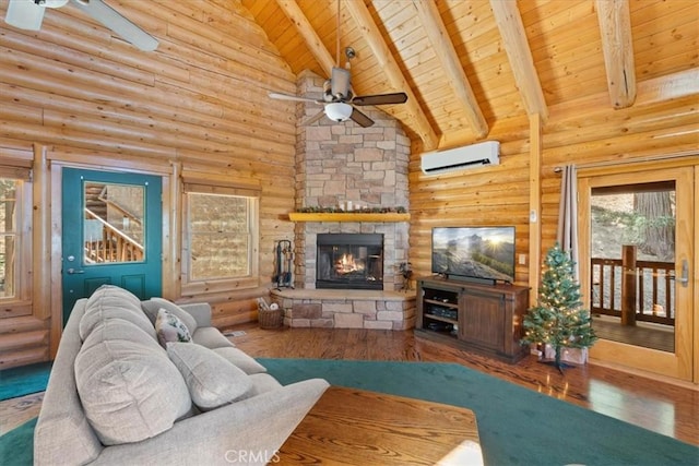 25148 Scenic View Dr, Crestline, CA 92325 - living area featuring ceiling fan, a wall mounted air conditioner, a wooden ceiling with exposed beams, log walls, and wood-type flooring