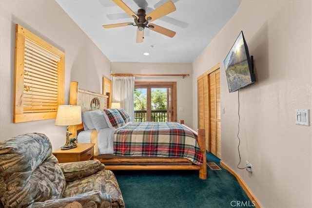 25148 Scenic View Dr, Crestline, CA 92325 - carpeted bedroom with access to outside, a ceiling fan, and a closet