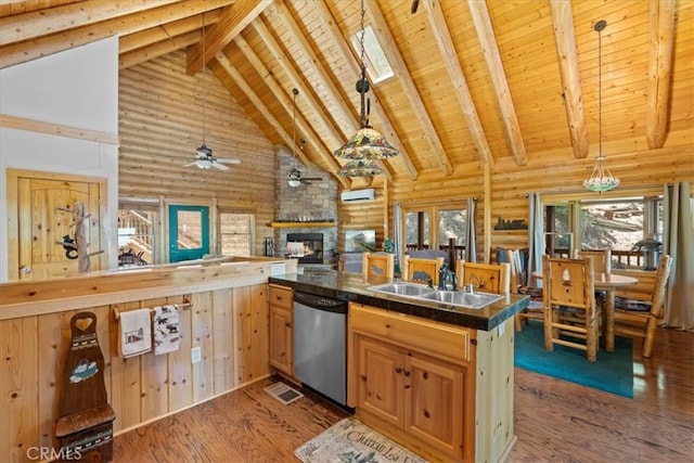 25148 Scenic View Dr, Crestline, CA 92325 - kitchen with stainless steel dishwasher, high vaulted ceiling, log walls, a wooden ceiling with exposed beams, and ceiling fan