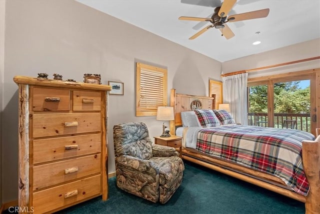 25148 Scenic View Dr, Crestline, CA 92325 - carpeted bedroom featuring access to outside, a ceiling fan, and recessed lighting