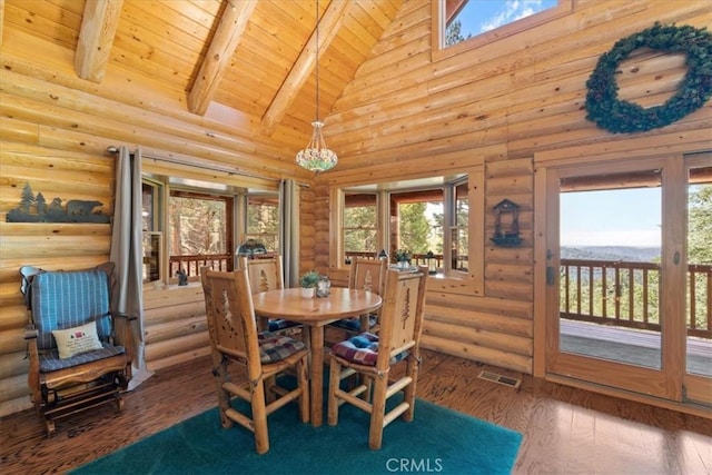 25148 Scenic View Dr, Crestline, CA 92325 - dining area featuring log walls, hardwood / wood-style flooring, high vaulted ceiling, and a wood ceiling with exposed beams