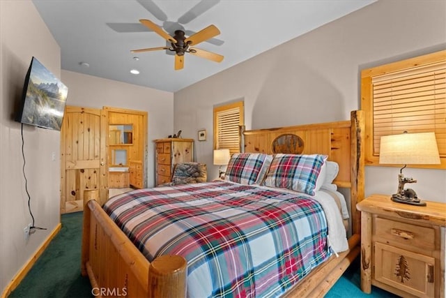 25148 Scenic View Dr, Crestline, CA 92325 - bedroom featuring dark carpet and ceiling fan