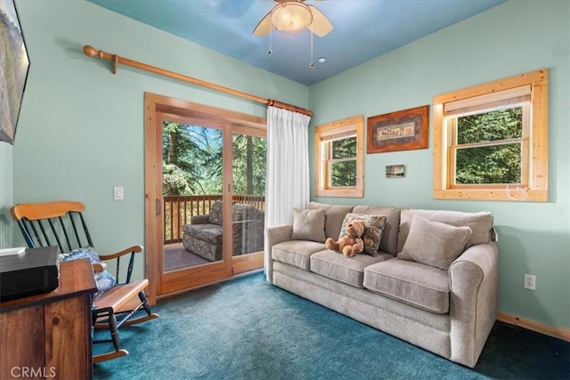 25148 Scenic View Dr, Crestline, CA 92325 - carpeted living area featuring a ceiling fan