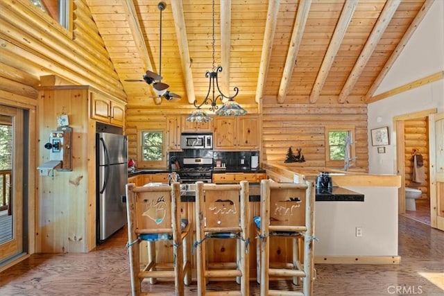 25148 Scenic View Dr, Crestline, CA 92325 - kitchen featuring appliances with stainless steel finishes, a wood ceiling with exposed beams, high vaulted ceiling, light wood finished floors, and log walls
