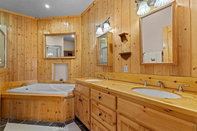 25148 Scenic View Dr, Crestline, CA 92325 - full bathroom with double vanity, a bath, wooden walls, and tile patterned flooring