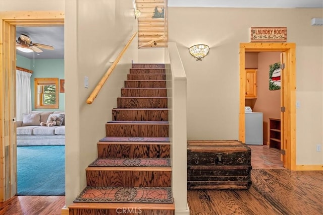 25148 Scenic View Dr, Crestline, CA 92325 - staircase with ceiling fan, washer / dryer, and wood finished floors