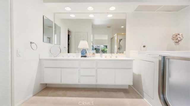 3620 Daffodil Ave Unit 31, Corona Del Mar, CA 92625 - full bathroom featuring double vanity, a stall shower, and recessed lighting