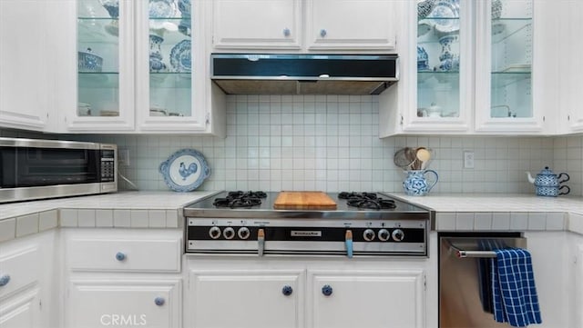 3620 Daffodil Ave Unit 31, Corona Del Mar, CA 92625 - kitchen featuring stainless steel appliances, light countertops, white cabinetry, and decorative backsplash