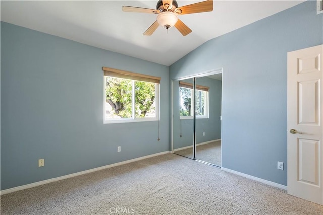 9320 Isaac Lord Dr, Rancho Cucamonga, CA 91701 - unfurnished bedroom with carpet floors, lofted ceiling, a closet, and ceiling fan