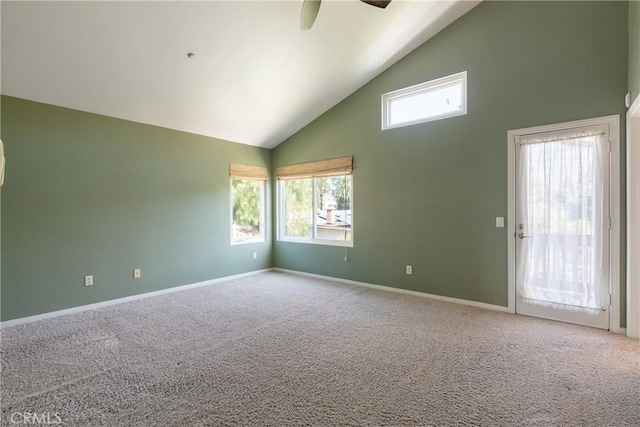 9320 Isaac Lord Dr, Rancho Cucamonga, CA 91701 - spare room with high vaulted ceiling, a ceiling fan, plenty of natural light, and carpet