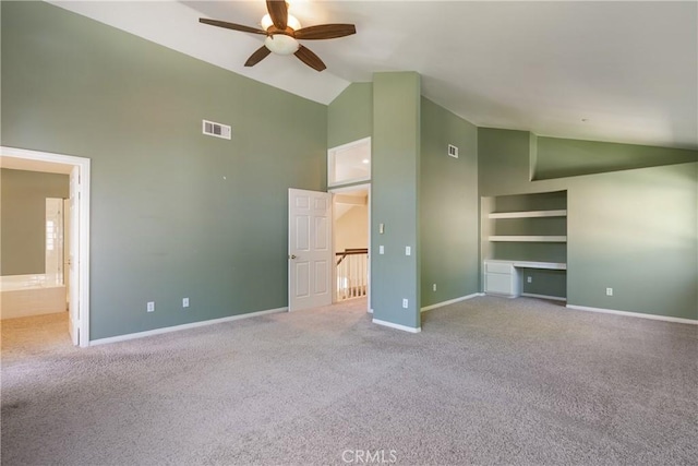 9320 Isaac Lord Dr, Rancho Cucamonga, CA 91701 - unfurnished bedroom featuring high vaulted ceiling, carpet, ensuite bathroom, and ceiling fan