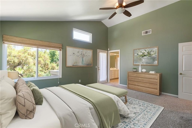 9320 Isaac Lord Dr, Rancho Cucamonga, CA 91701 - bedroom featuring carpet floors, high vaulted ceiling, ensuite bath, and a ceiling fan