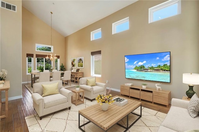 9320 Isaac Lord Dr, Rancho Cucamonga, CA 91701 - living room featuring high vaulted ceiling, wood finished floors, and a chandelier