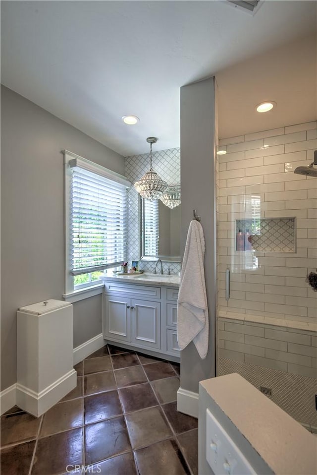 1205 W Highland, Redlands, CA 92373 - bathroom featuring vanity, a shower stall, recessed lighting, a chandelier, and tile patterned flooring