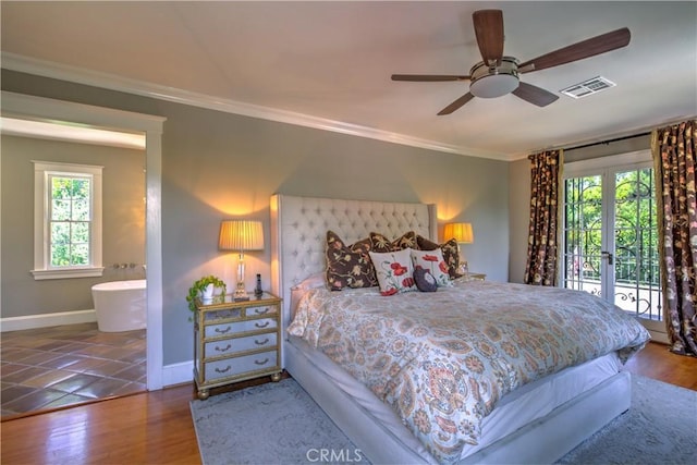 1205 W Highland, Redlands, CA 92373 - bedroom with crown molding, access to exterior, wood finished floors, ceiling fan, and connected bathroom