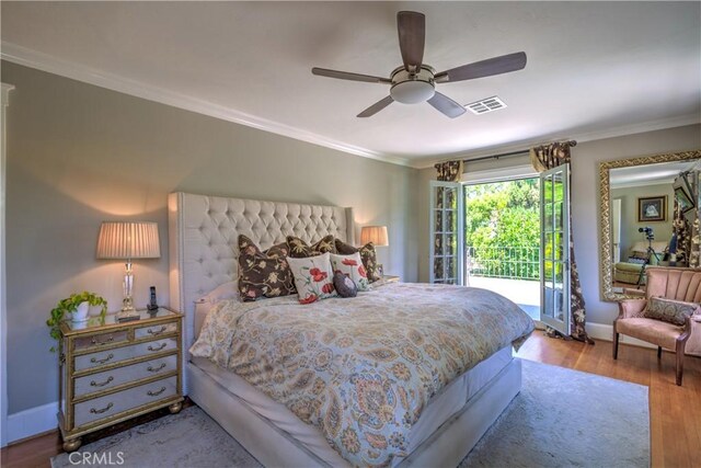 1205 W Highland, Redlands, CA 92373 - bedroom with crown molding, wood finished floors, access to exterior, and a ceiling fan