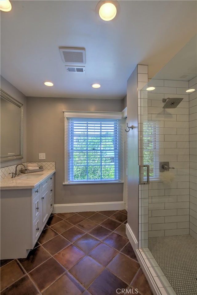 1205 W Highland, Redlands, CA 92373 - full bath featuring vanity, tiled shower, tile patterned flooring, and recessed lighting