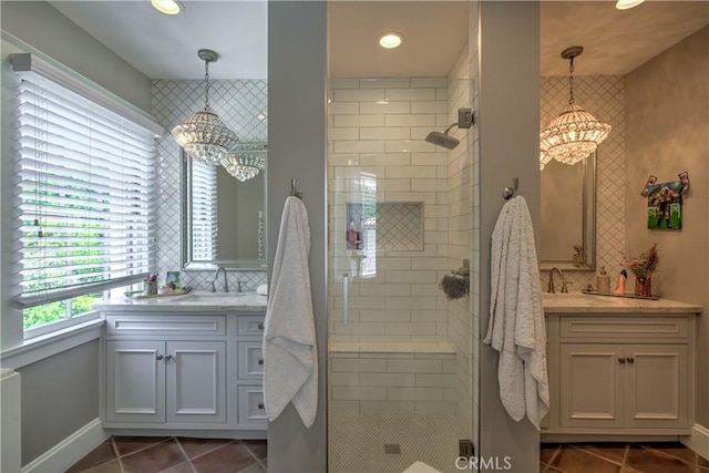 1205 W Highland, Redlands, CA 92373 - bathroom with a chandelier, a shower stall, vanity, and recessed lighting