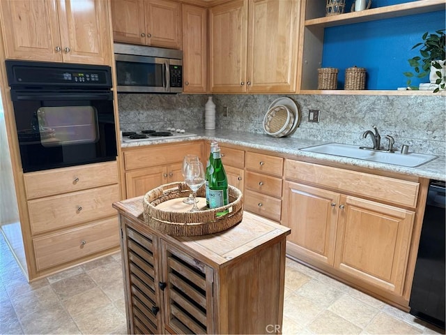 1540 Northwood Rd Unit 11-270L, Seal Beach, CA 90740 - kitchen with black appliances, open shelves, decorative backsplash, light brown cabinetry, and stone finish flooring