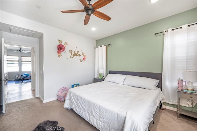 1633 Topeka Pl, Upland, CA 91784 - bedroom featuring carpet, attic access, recessed lighting, and a ceiling fan