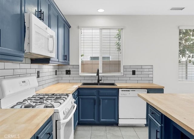 13837 Emerald Ln, Gardena, CA 90247 - kitchen with white appliances, wood counters, blue cabinets, and recessed lighting