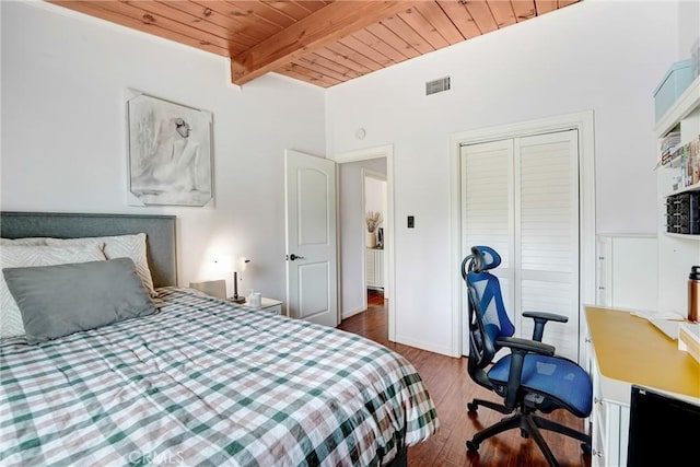 137 N Viceroy Ave, Azusa, CA 91702 - bedroom with a wood ceiling with exposed beams, dark wood-style flooring, a desk, and a closet