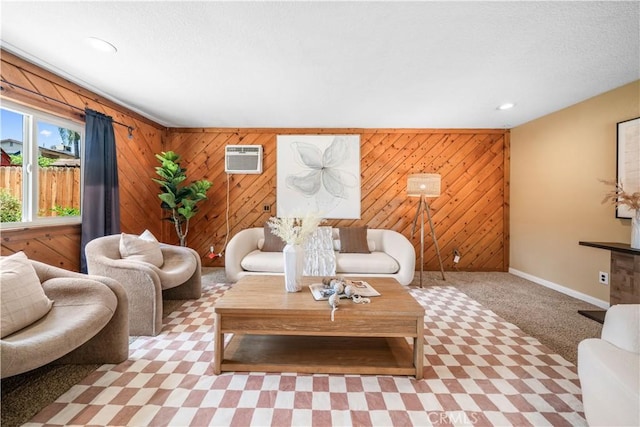 6910 Valinda Ave, Rancho Cucamonga, CA 91701 - carpeted living room featuring wooden walls, a wall mounted AC, and recessed lighting