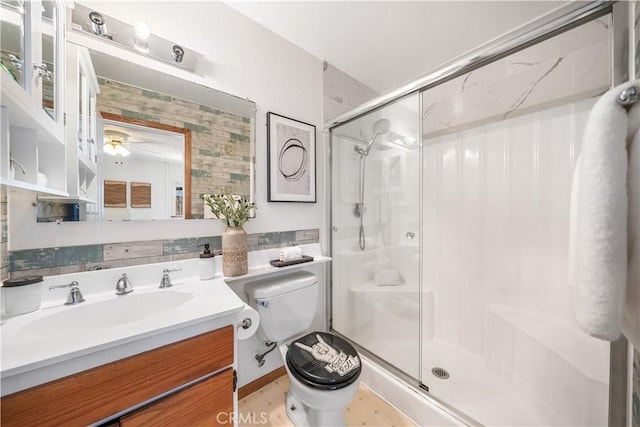 6910 Valinda Ave, Rancho Cucamonga, CA 91701 - full bath featuring a stall shower, vanity, and ceiling fan