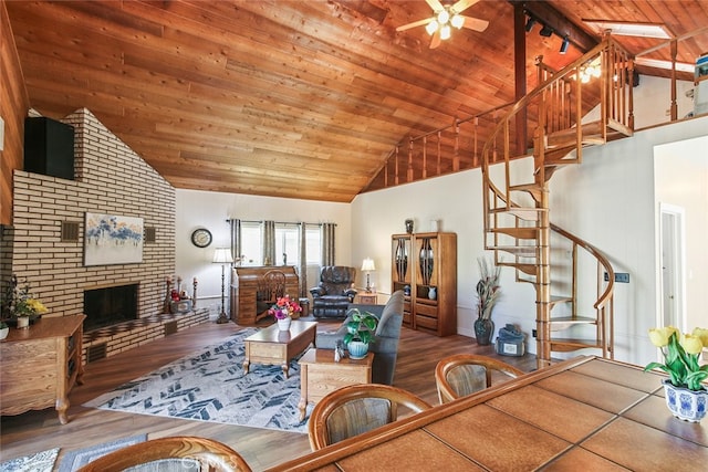 3110 N Greenbrier Rd, Long Beach, CA 90808 - living room with stairs, wooden ceiling, high vaulted ceiling, wood finished floors, and ceiling fan