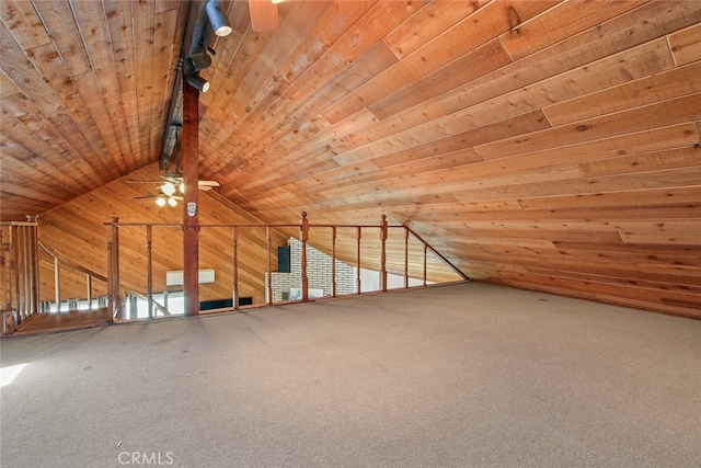 3110 N Greenbrier Rd, Long Beach, CA 90808 - bonus room featuring wood ceiling, a ceiling fan, wooden walls, carpet flooring, and lofted ceiling