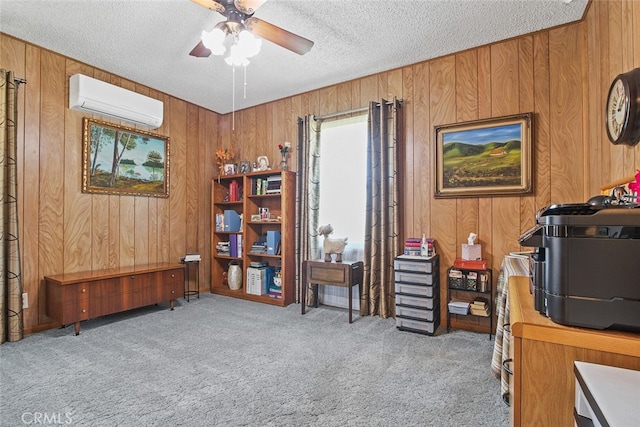 3110 N Greenbrier Rd, Long Beach, CA 90808 - office space with a wall mounted AC, wooden walls, a textured ceiling, a ceiling fan, and carpet