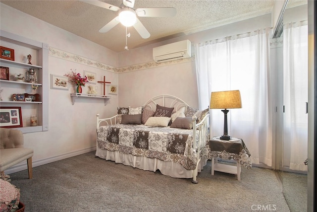 3110 N Greenbrier Rd, Long Beach, CA 90808 - carpeted bedroom featuring an AC wall unit, a textured ceiling, and ceiling fan