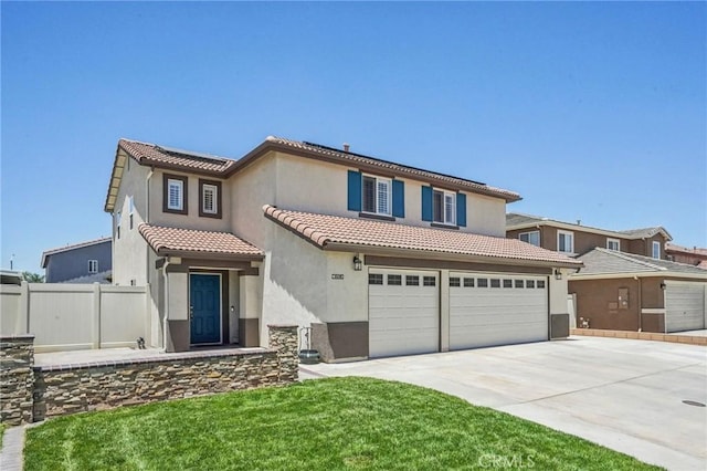 1519 Bluejay Way, Hemet, CA 92545 - mediterranean / spanish-style home with concrete driveway, a tile roof, stucco siding, and an attached garage