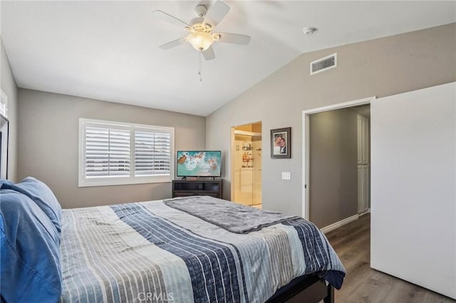 1519 Bluejay Way, Hemet, CA 92545 - bedroom with wood finished floors, lofted ceiling, multiple windows, ceiling fan, and connected bathroom