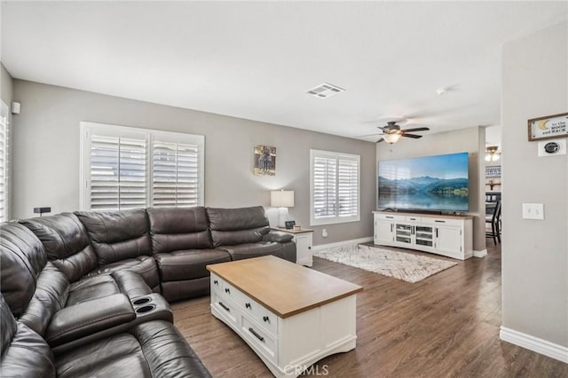 1519 Bluejay Way, Hemet, CA 92545 - living area featuring ceiling fan and dark wood-style floors