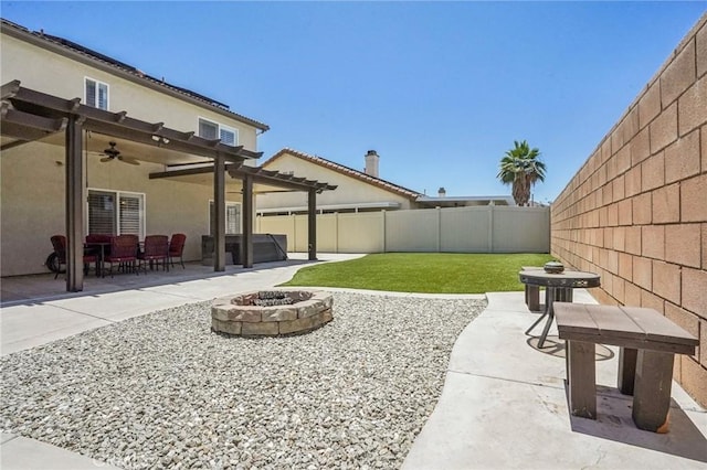 1519 Bluejay Way, Hemet, CA 92545 - fenced backyard with an outdoor fire pit, a patio area, ceiling fan, and a pergola