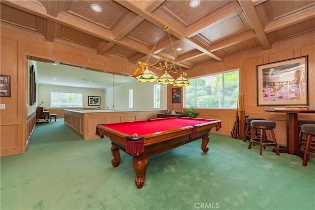 2809 Oak Knoll Dr, Diamond Bar, CA 91765 - recreation room with carpet, pool table, coffered ceiling, recessed lighting, and ornamental molding