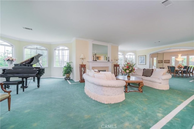 2809 Oak Knoll Dr, Diamond Bar, CA 91765 - living area featuring carpet, a fireplace, arched walkways, and crown molding