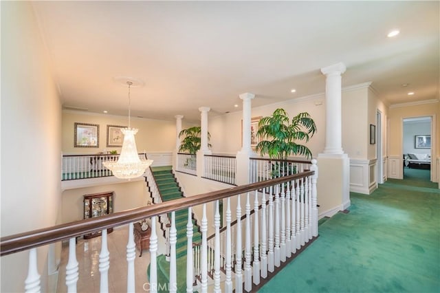 2809 Oak Knoll Dr, Diamond Bar, CA 91765 - hallway featuring carpet floors, recessed lighting, a decorative wall, wainscoting, and ornamental molding
