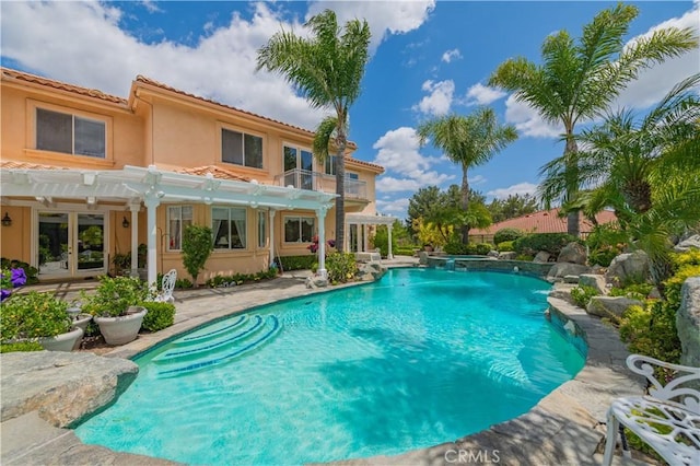 2809 Oak Knoll Dr, Diamond Bar, CA 91765 - view of pool with a pergola, a patio, french doors, and a pool with connected hot tub
