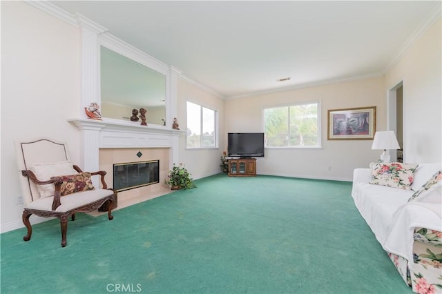 2809 Oak Knoll Dr, Diamond Bar, CA 91765 - carpeted living room featuring ornamental molding and a fireplace