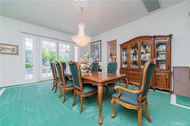 2809 Oak Knoll Dr, Diamond Bar, CA 91765 - carpeted dining space featuring a chandelier and crown molding
