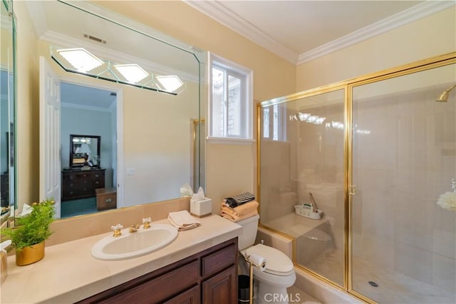 2809 Oak Knoll Dr, Diamond Bar, CA 91765 - bathroom featuring a stall shower, vanity, and ornamental molding