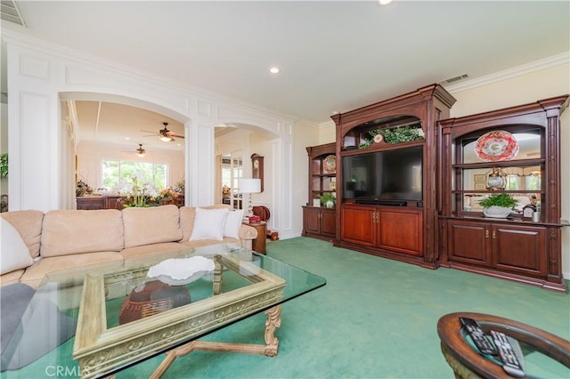 2809 Oak Knoll Dr, Diamond Bar, CA 91765 - living room featuring arched walkways, carpet flooring, ceiling fan, ornamental molding, and recessed lighting