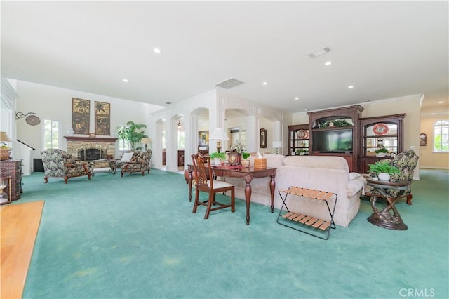 2809 Oak Knoll Dr, Diamond Bar, CA 91765 - carpeted living area with a fireplace and recessed lighting