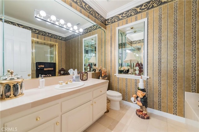 2809 Oak Knoll Dr, Diamond Bar, CA 91765 - full bath with ornamental molding, wallpapered walls, vanity, a bath, and tile patterned flooring